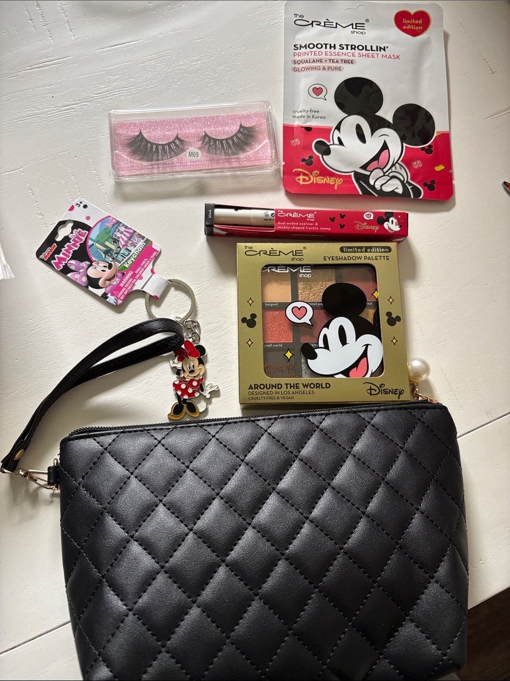 Disney x The Crème Shop Black Quilted Wristlet Pouch with Minnie Keychain